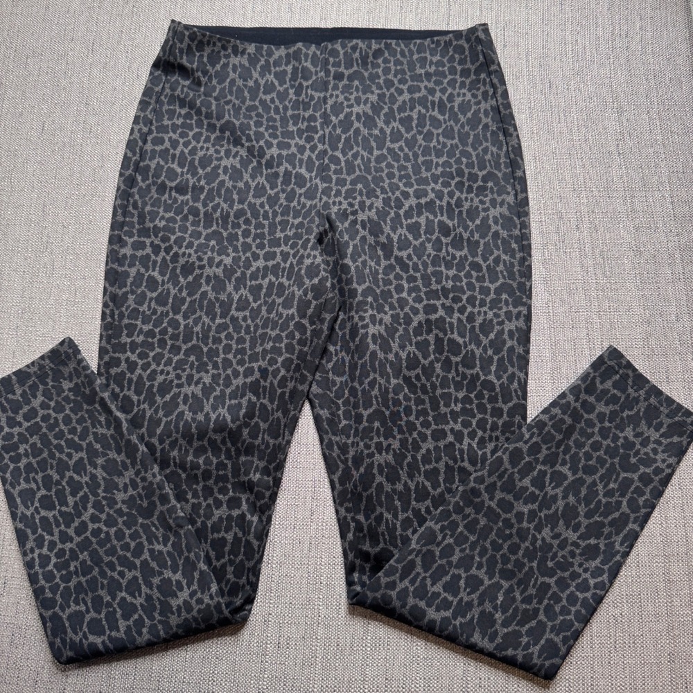 WHBM Black Charcoal Gray Leopard Print Leggings Stretch Pull On Pants Medium
